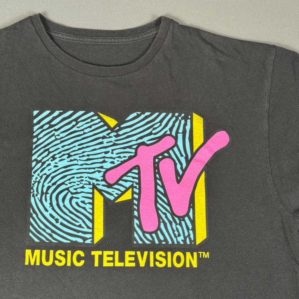MTV Shirt Music Television Graphic Tee Black Neon Vintage Style